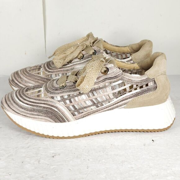 SOFTWAVES Women's Ardi US9,5-10 Sand Leather Raffia Woven Platform Sneakers - Picture 2 of 16